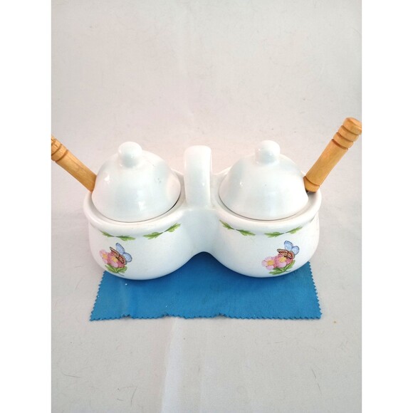 Hallmark Vtg Houston Harvest Cream / Sugar Server Bowl W/ Spoons And Lids - Picture 2 of 6